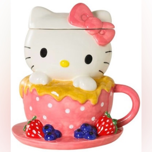 BLUE SKY 50TH ANNIVERSARY HELLO KITTY TEACUP W/BERRIES COOKIE JAR/CANISTER NEW